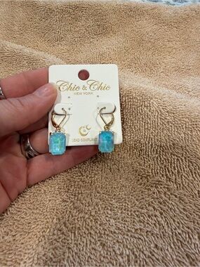Gold Drop Earrings with Blue Opal Gemstones
